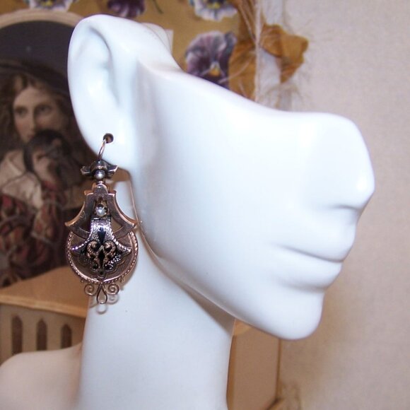 Antique 14K Gold Taille D'Epergne Enamel Pearl Dangle Earrings - Hook Findings - Picture 1 of 10